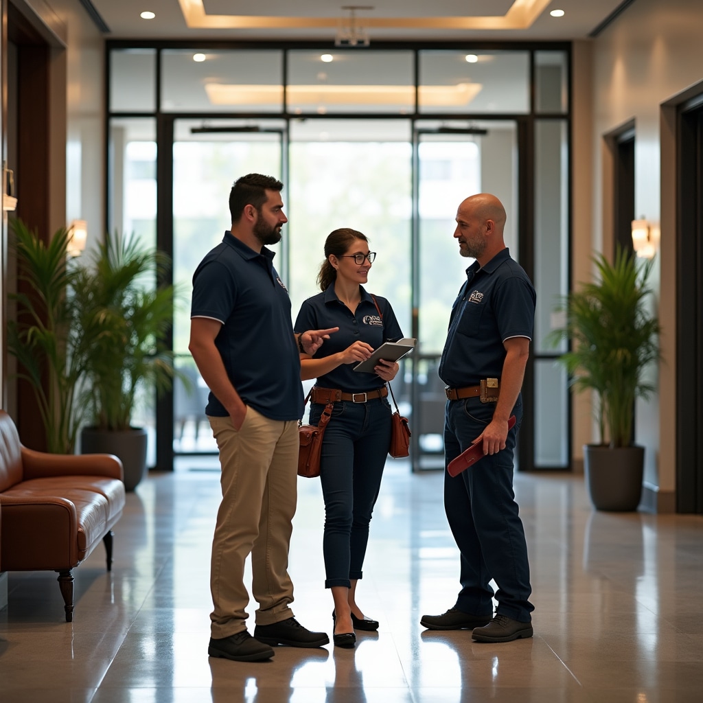 Professional maintenance team conducting routine building inspection