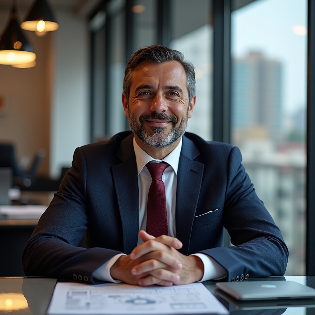 Director of operations reviewing property management reports in modern office