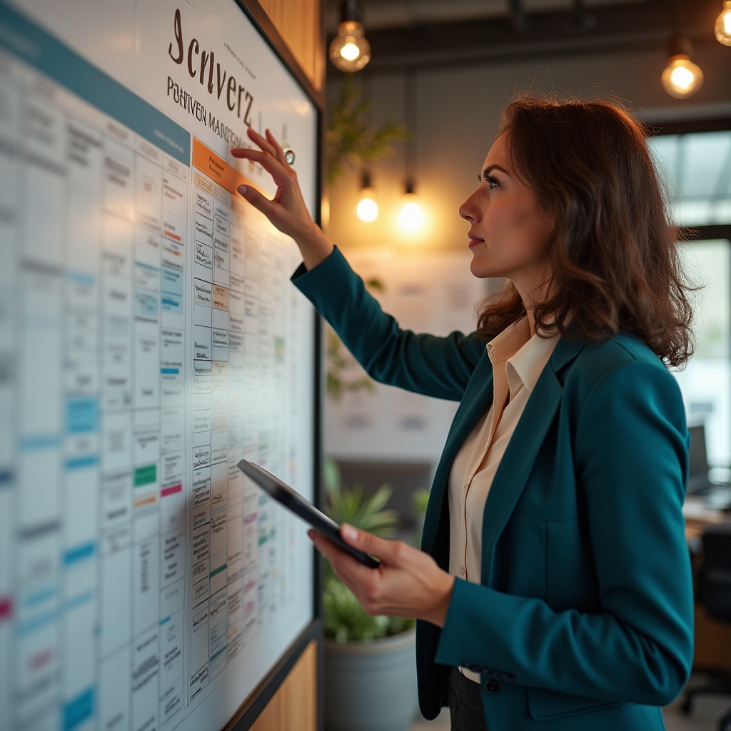 Maintenance coordinator planning building service schedules with technical team